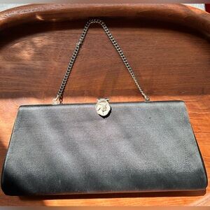 🖤Classic black vintage sateen evening bag with silver flower closure